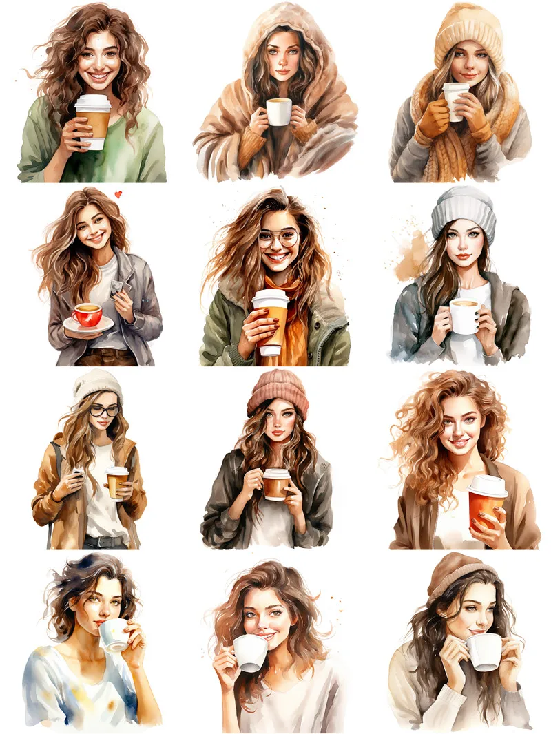 12Pcs/Pack Vintage Coffee Girls Sticker DIY Craft Scrapbooking Album Junk Journal Decorative Stickers