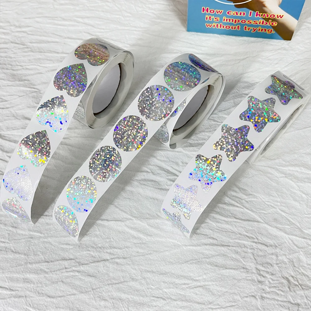 500pcs/roll Laser Blank Love Heart Stars Round Stickers Handmade Decoration Holiday Birthday Party Gift Sealing Label 1inch