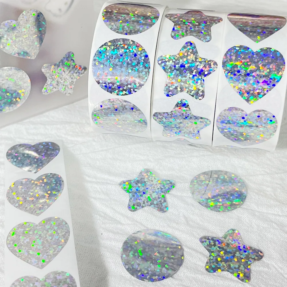 500pcs/roll Laser Blank Love Heart Stars Round Stickers Handmade Decoration Holiday Birthday Party Gift Sealing Label 1inch