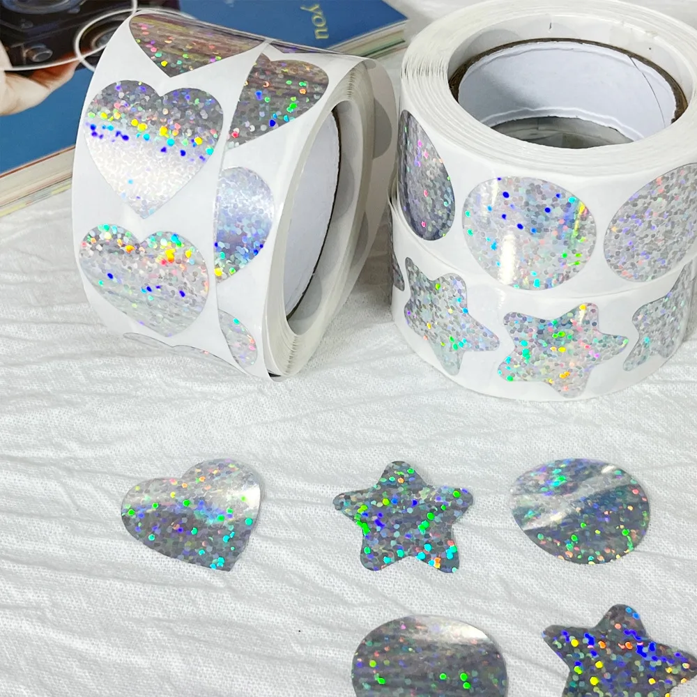 500pcs/roll Laser Blank Love Heart Stars Round Stickers Handmade Decoration Holiday Birthday Party Gift Sealing Label 1inch