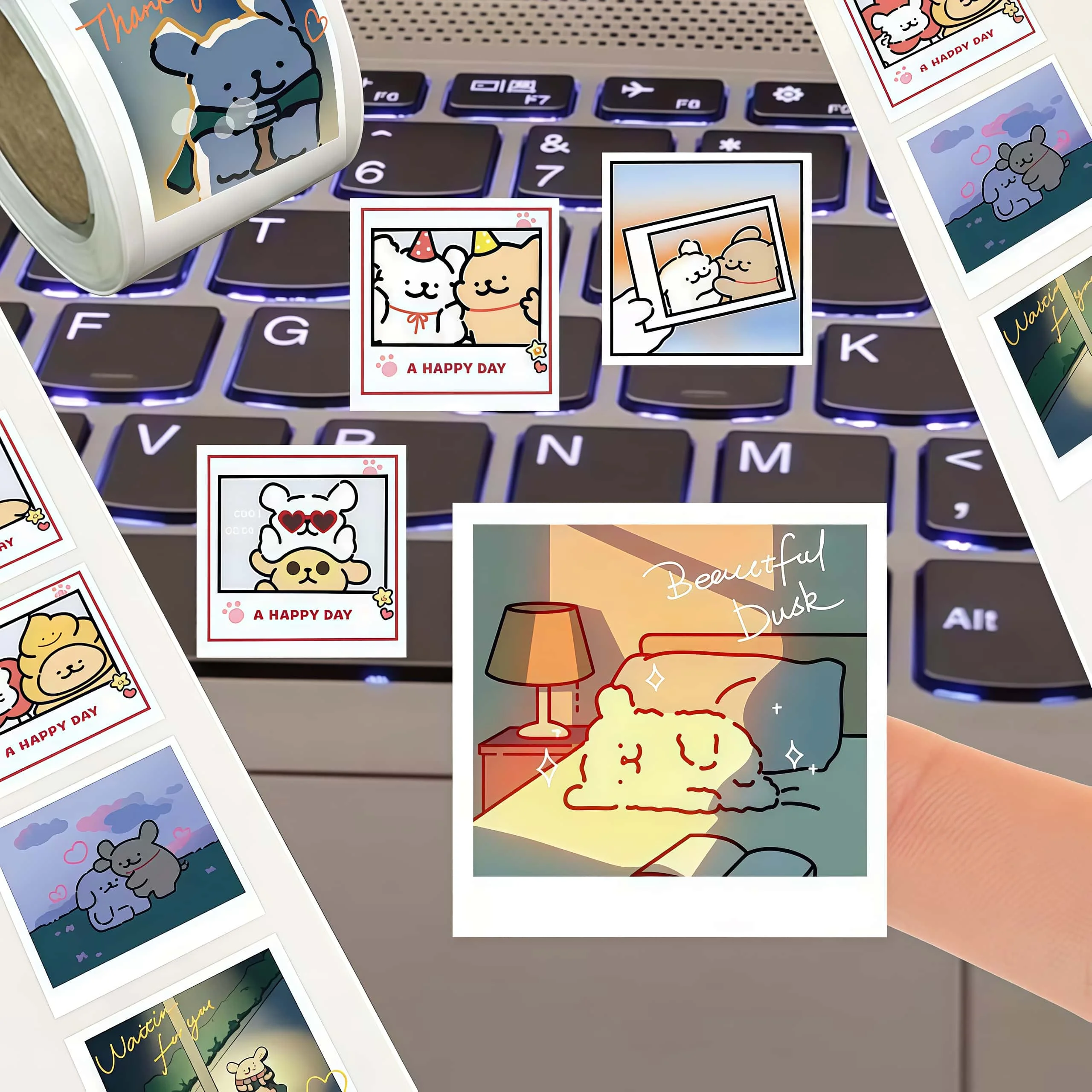 500Pcs Polaroid-Style Cute Cartoon Line Dog Sticker Roll, Adorable Scene Seal Decals for Decor, DIY & Gifts