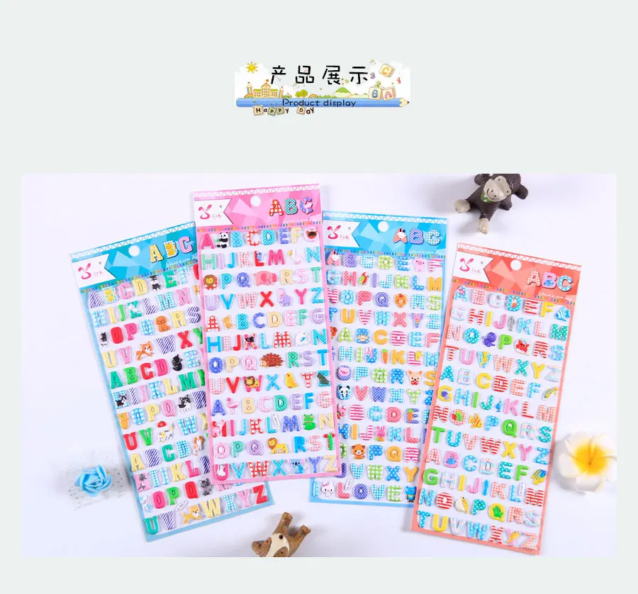 4 pcs Cartoon Animal English Letters Puffy 3D Stickers Adhesive Sticker DIY Scrapbooking Cute Stationery School Office Supplies