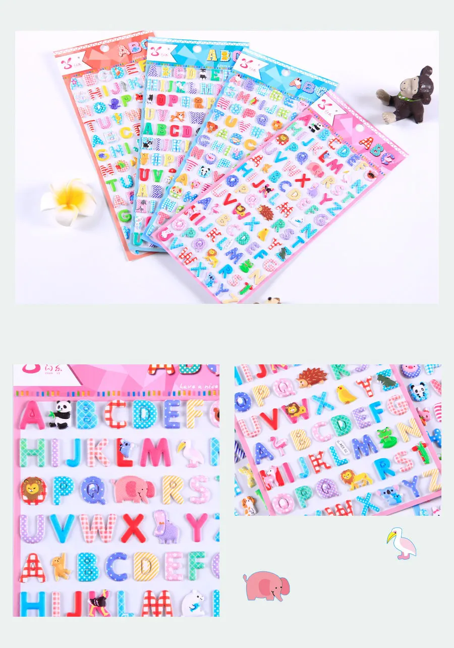 4 pcs Cartoon Animal English Letters Puffy 3D Stickers Adhesive Sticker DIY Scrapbooking Cute Stationery School Office Supplies