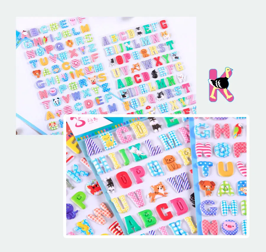 4 pcs Cartoon Animal English Letters Puffy 3D Stickers Adhesive Sticker DIY Scrapbooking Cute Stationery School Office Supplies