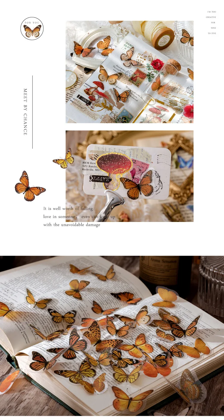 40pcs/pack Nature Series Retro Colorful Butterfly PET Stickers Literary Journal Album Notebook DIY Decoration