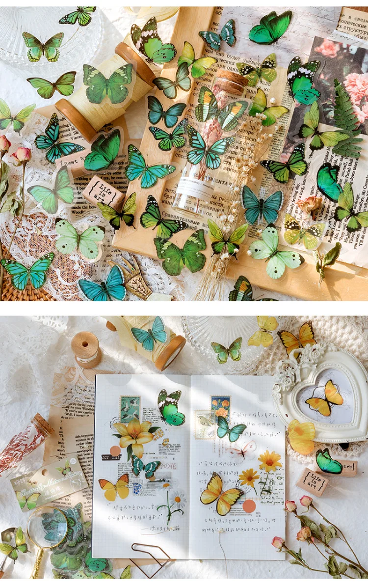 40pcs/pack Nature Series Retro Colorful Butterfly PET Stickers Literary Journal Album Notebook DIY Decoration