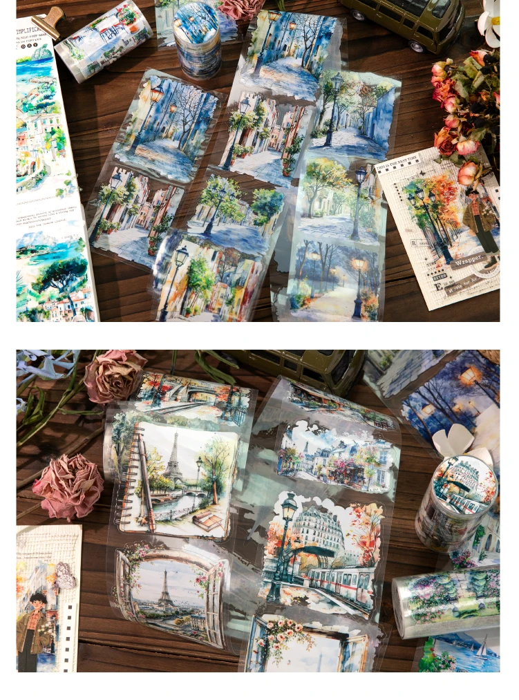 80mm * 2m/roll World Landscape Corner PET Die cut Stickers Art Handbook Collage DIY Scrapbook Diary Material Sticker Mask Tape
