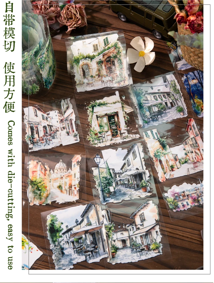 80mm * 2m/roll World Landscape Corner PET Die cut Stickers Art Handbook Collage DIY Scrapbook Diary Material Sticker Mask Tape