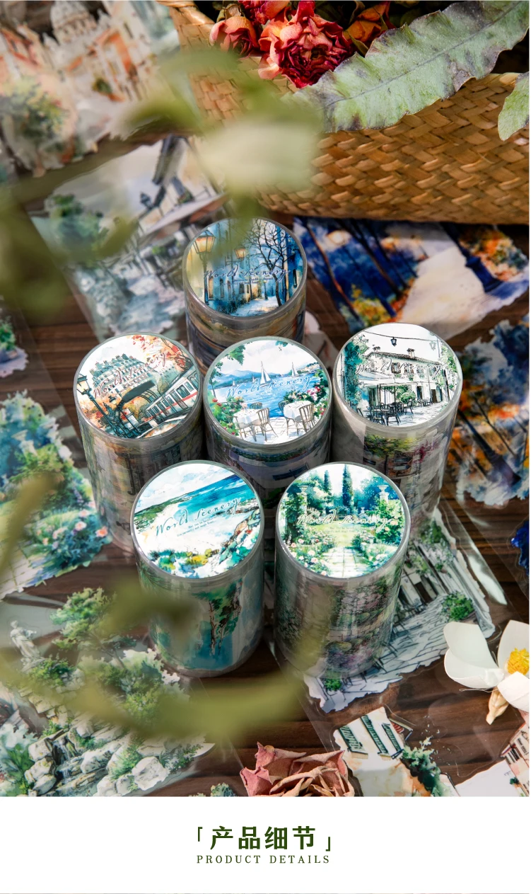 80mm * 2m/roll World Landscape Corner PET Die cut Stickers Art Handbook Collage DIY Scrapbook Diary Material Sticker Mask Tape