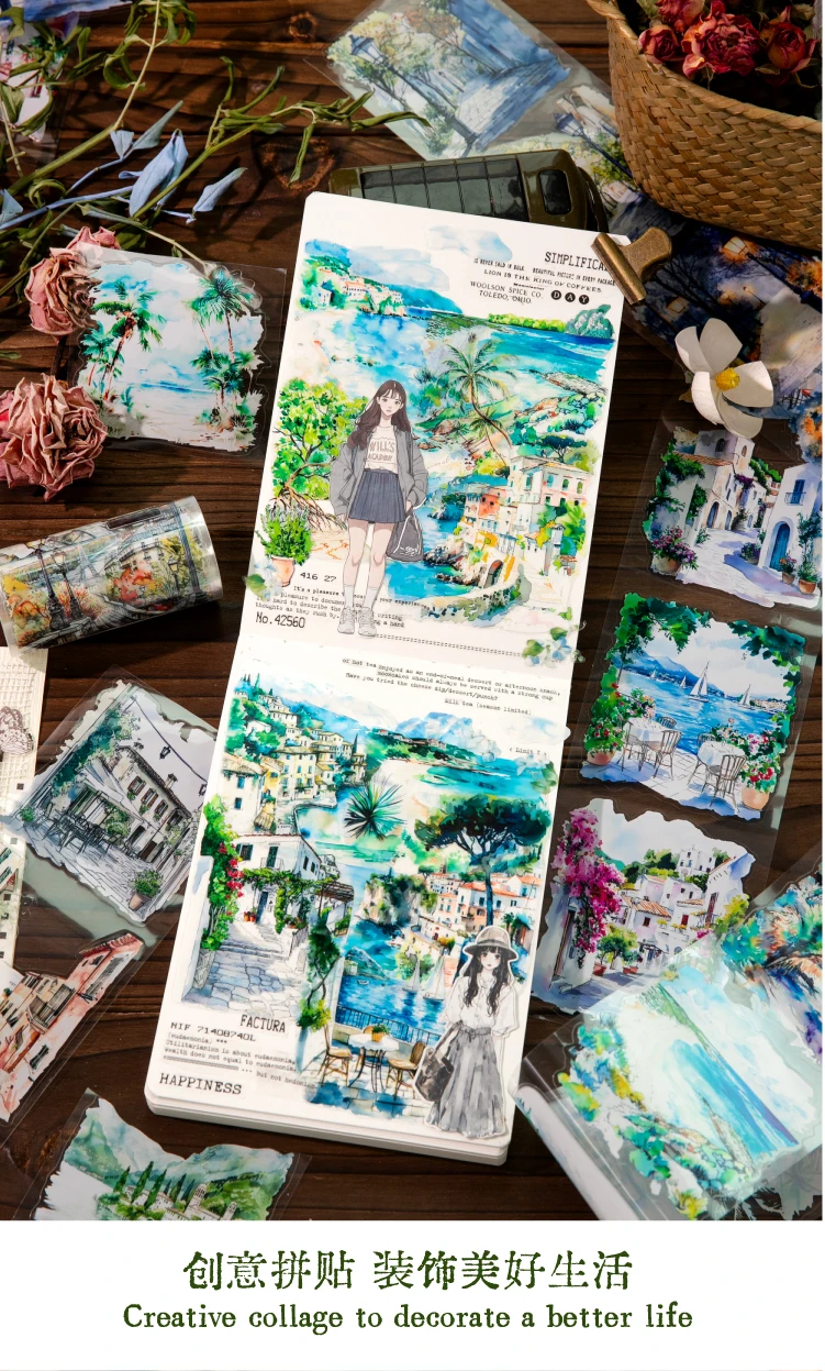 80mm * 2m/roll World Landscape Corner PET Die cut Stickers Art Handbook Collage DIY Scrapbook Diary Material Sticker Mask Tape