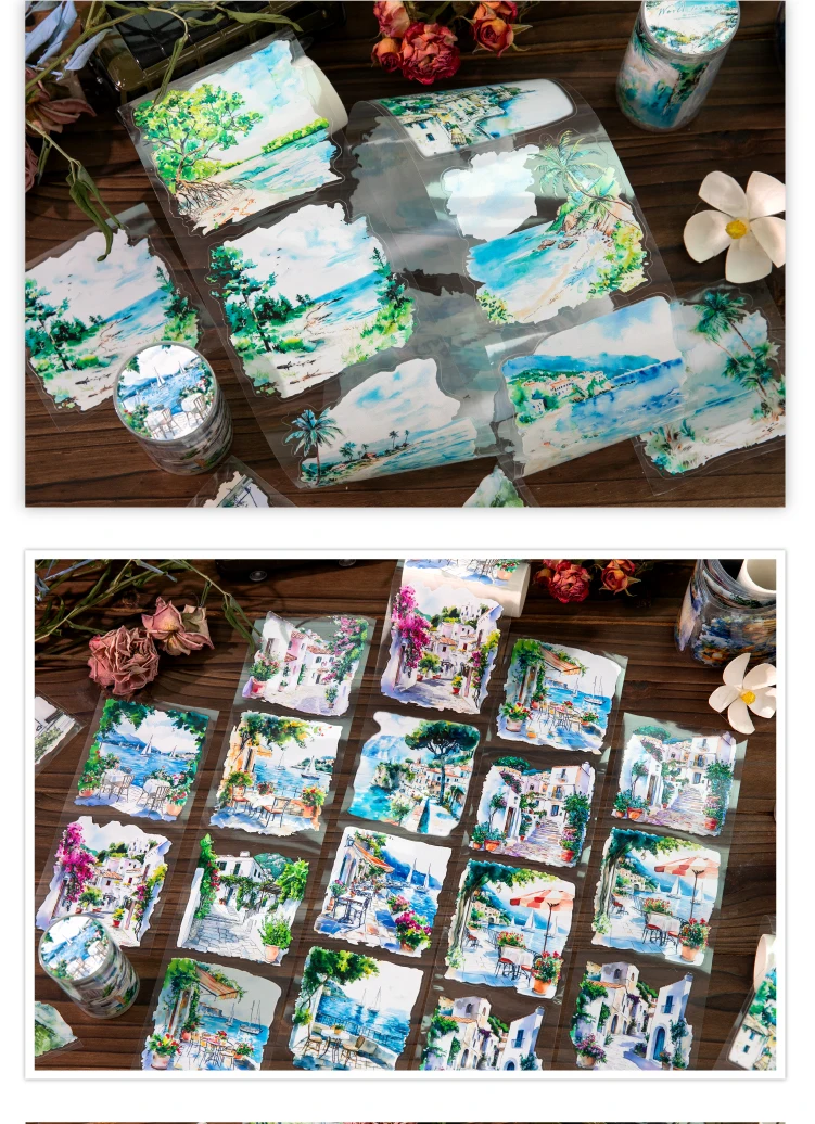 80mm * 2m/roll World Landscape Corner PET Die cut Stickers Art Handbook Collage DIY Scrapbook Diary Material Sticker Mask Tape