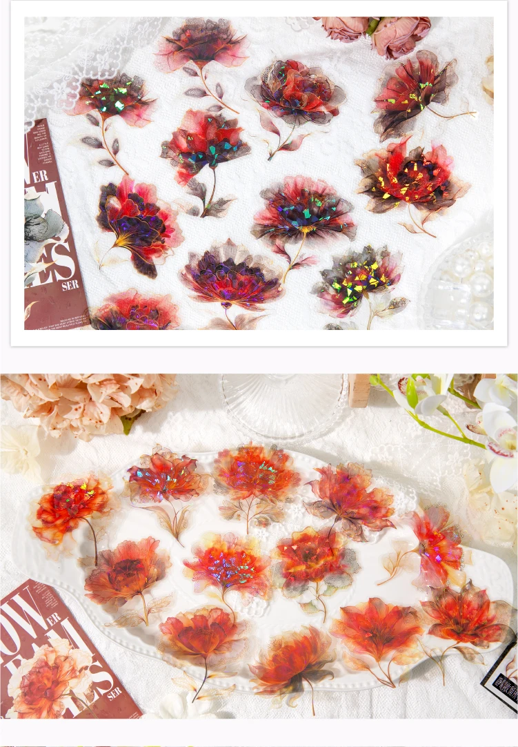 12/60pcs Kawaii Ins Laser Gold Flower PET Stickers DIY Diary Phone Case Scrapbook Aesthetic Stickers Creative Stationery Sticker