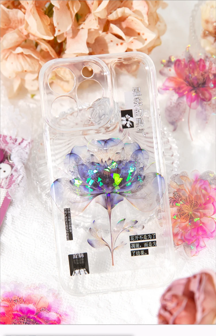 12/60pcs Kawaii Ins Laser Gold Flower PET Stickers DIY Diary Phone Case Scrapbook Aesthetic Stickers Creative Stationery Sticker