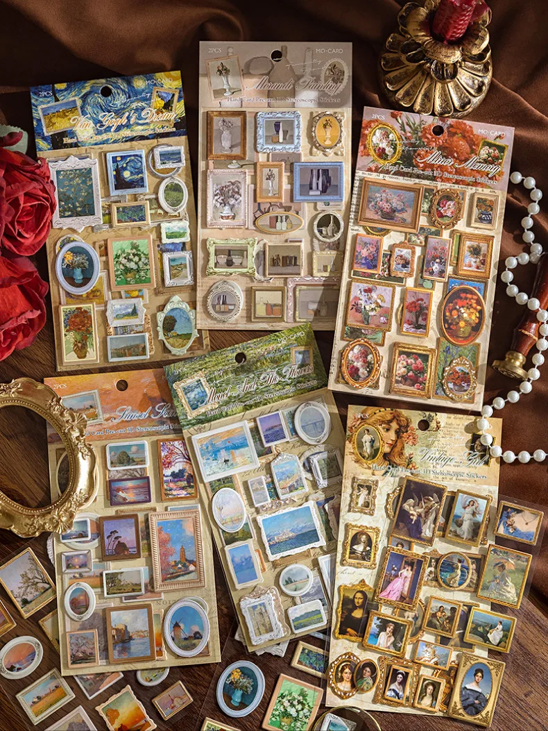 2pcs/1lot Kawaii Scrapbook Stickers Museum of Famous Paintings Junk Journal Gold Planner Stationery Planner Decorative