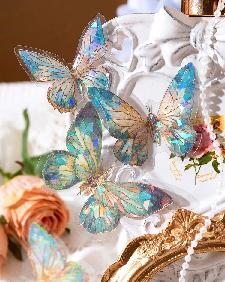 20pcs Ice Crystal Laser Cut Gold Butterfly Stickers DIY Decorative Scrapbooking Collage Material for Journal