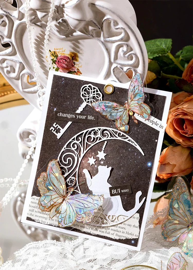 20pcs Ice Crystal Laser Cut Gold Butterfly Stickers DIY Decorative Scrapbooking Collage Material for Journal