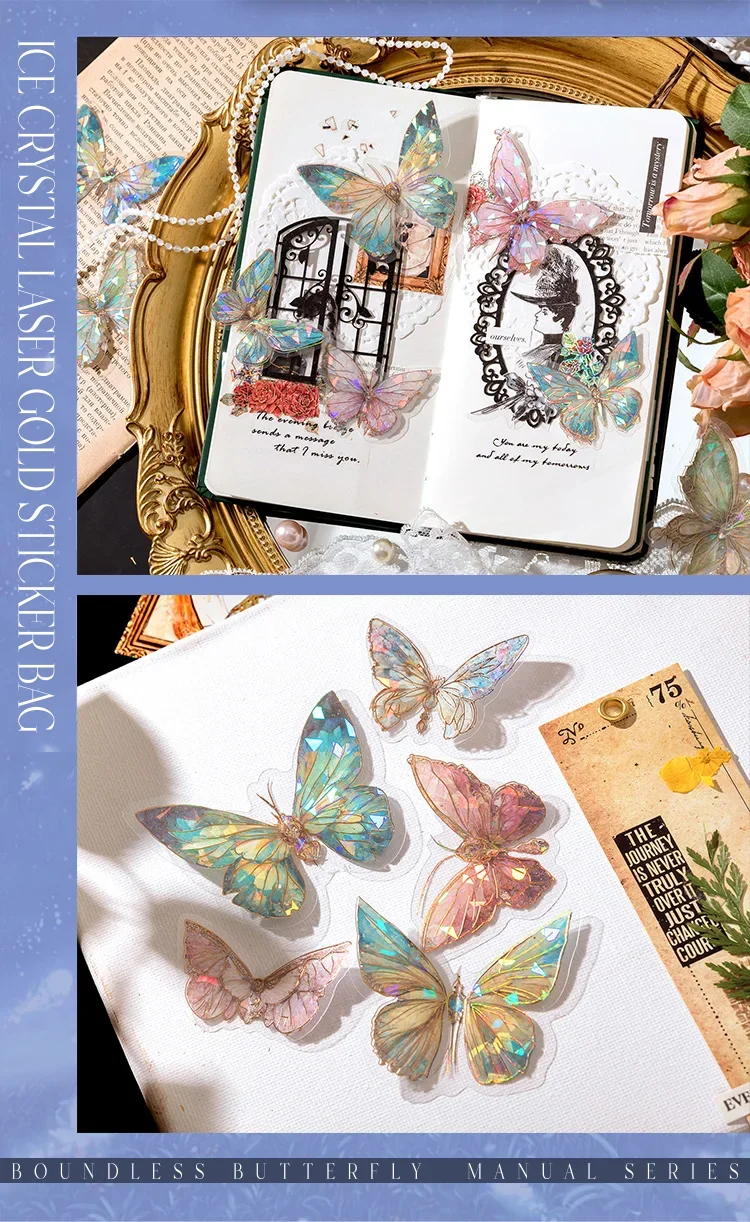 20pcs Ice Crystal Laser Cut Gold Butterfly Stickers DIY Decorative Scrapbooking Collage Material for Journal