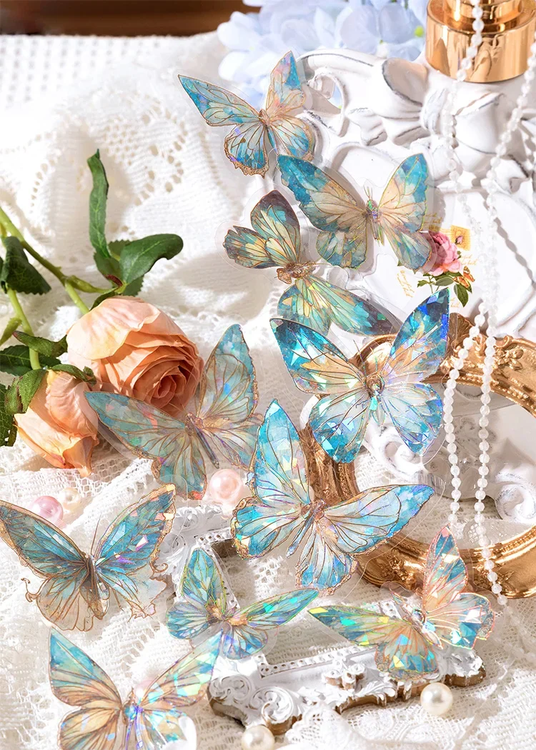 20pcs Ice Crystal Laser Cut Gold Butterfly Stickers DIY Decorative Scrapbooking Collage Material for Journal