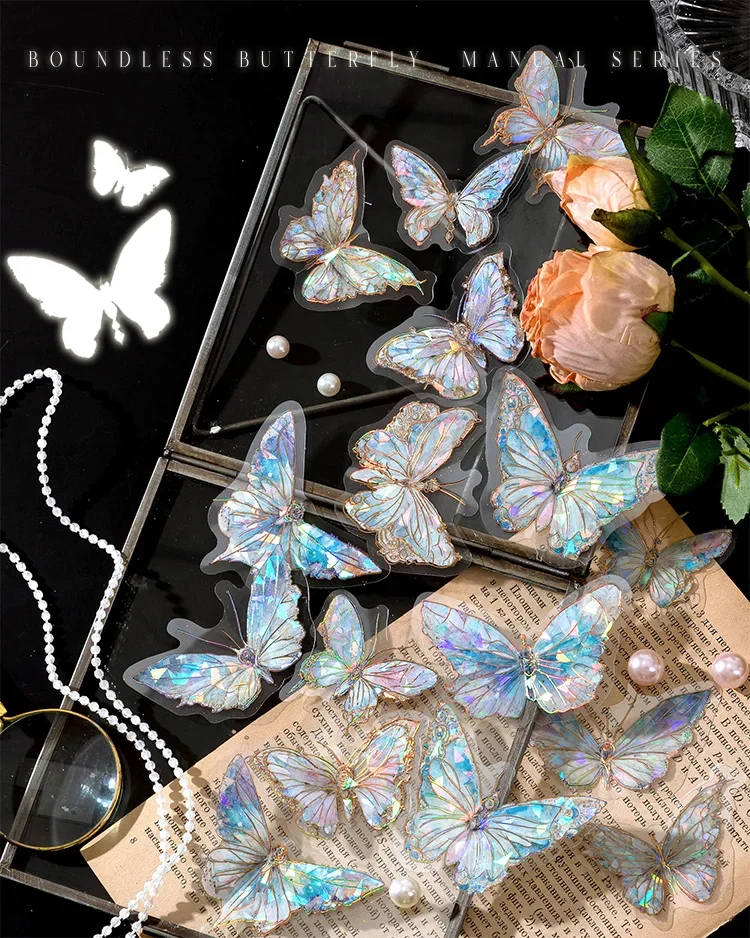 20pcs Ice Crystal Laser Cut Gold Butterfly Stickers DIY Decorative Scrapbooking Collage Material for Journal