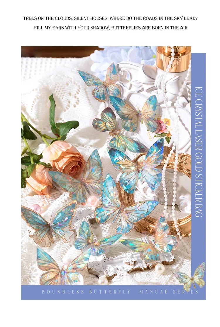 20pcs Ice Crystal Laser Cut Gold Butterfly Stickers DIY Decorative Scrapbooking Collage Material for Journal