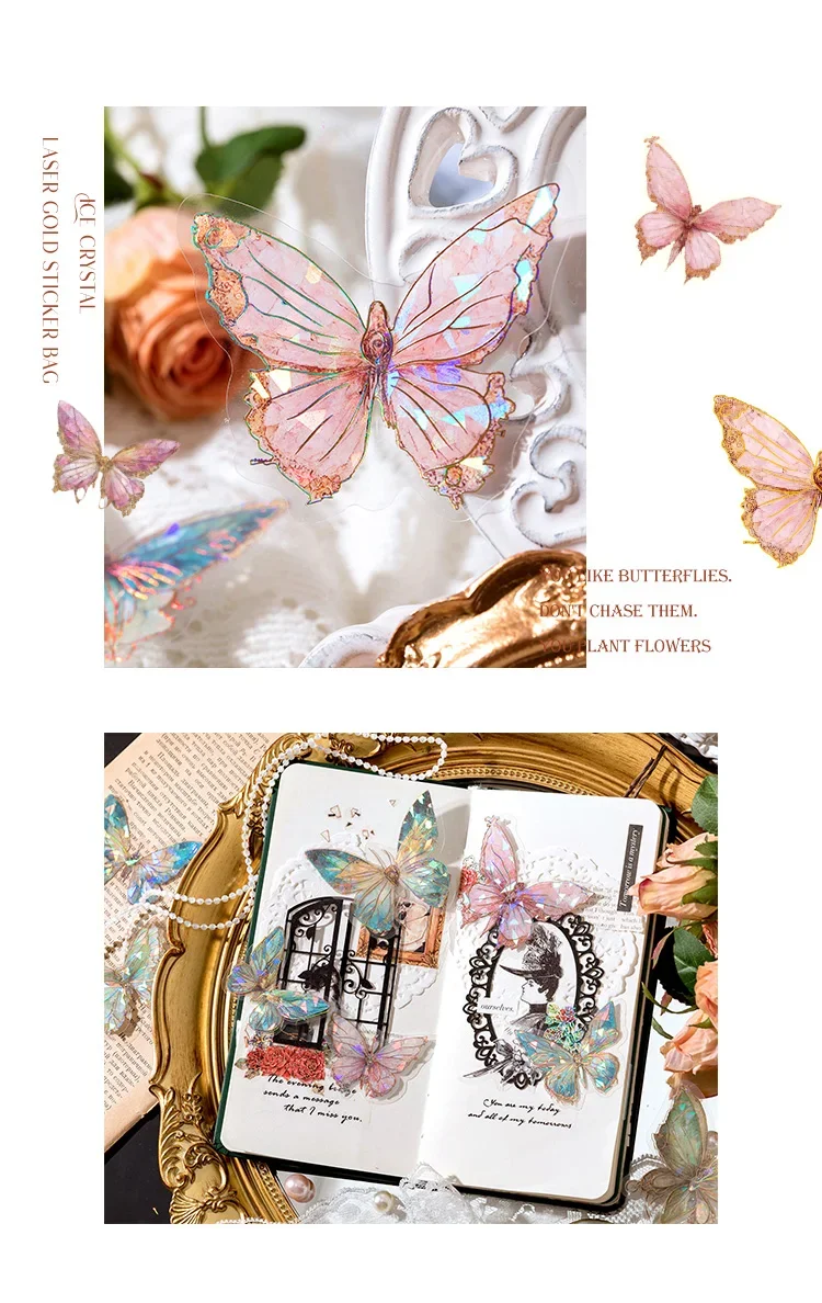 20pcs Ice Crystal Laser Cut Gold Butterfly Stickers DIY Decorative Scrapbooking Collage Material for Journal
