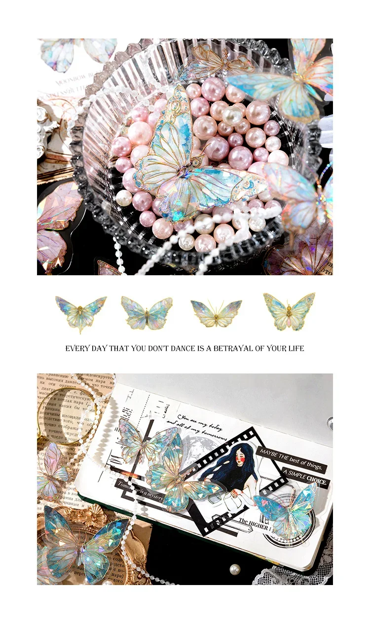 20pcs Ice Crystal Laser Cut Gold Butterfly Stickers DIY Decorative Scrapbooking Collage Material for Journal