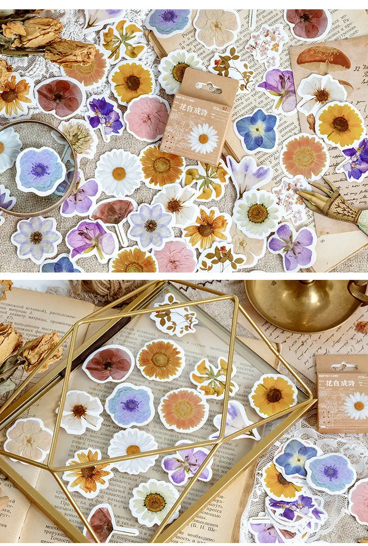 46pcs Autumn Flower Stickers Set for DIY Scrapbooking Diary Planner Creative Handmade Craft Supplies for Album Decoration