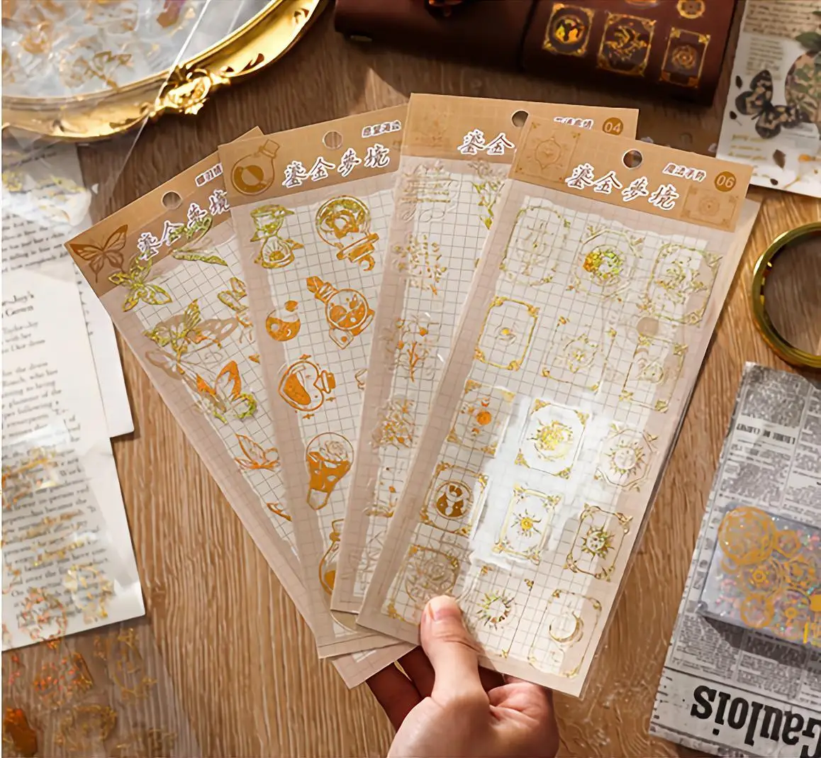 Golden Romance Series Vintage Journal Stickers Cute Scrapbooking Decoration Hologram Deco Butterfly Flower Whales DIY
