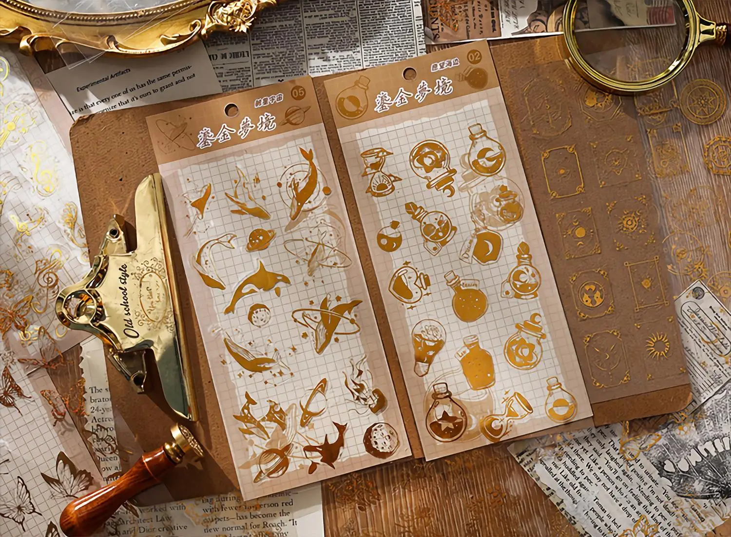 Golden Romance Series Vintage Journal Stickers Cute Scrapbooking Decoration Hologram Deco Butterfly Flower Whales DIY