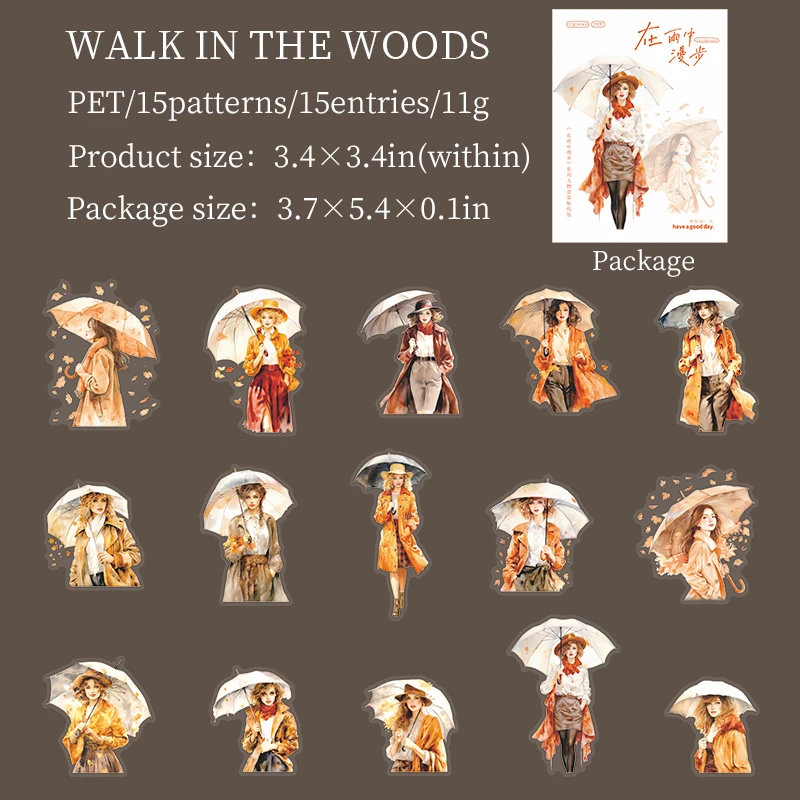 JIANWU A Walk in The Rain Series Vintage Character Landscaping PET Sticker Creative DIY Journal Material Collage Stationery