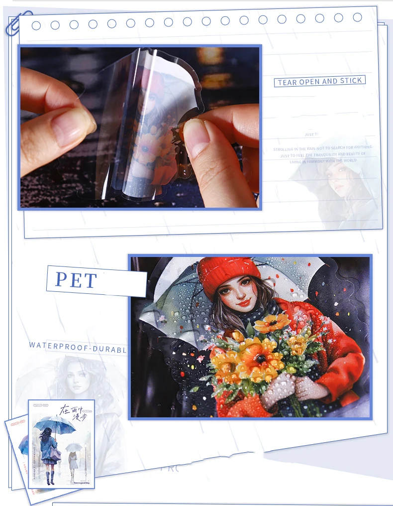 JIANWU A Walk in The Rain Series Vintage Character Landscaping PET Sticker Creative DIY Journal Material Collage Stationery