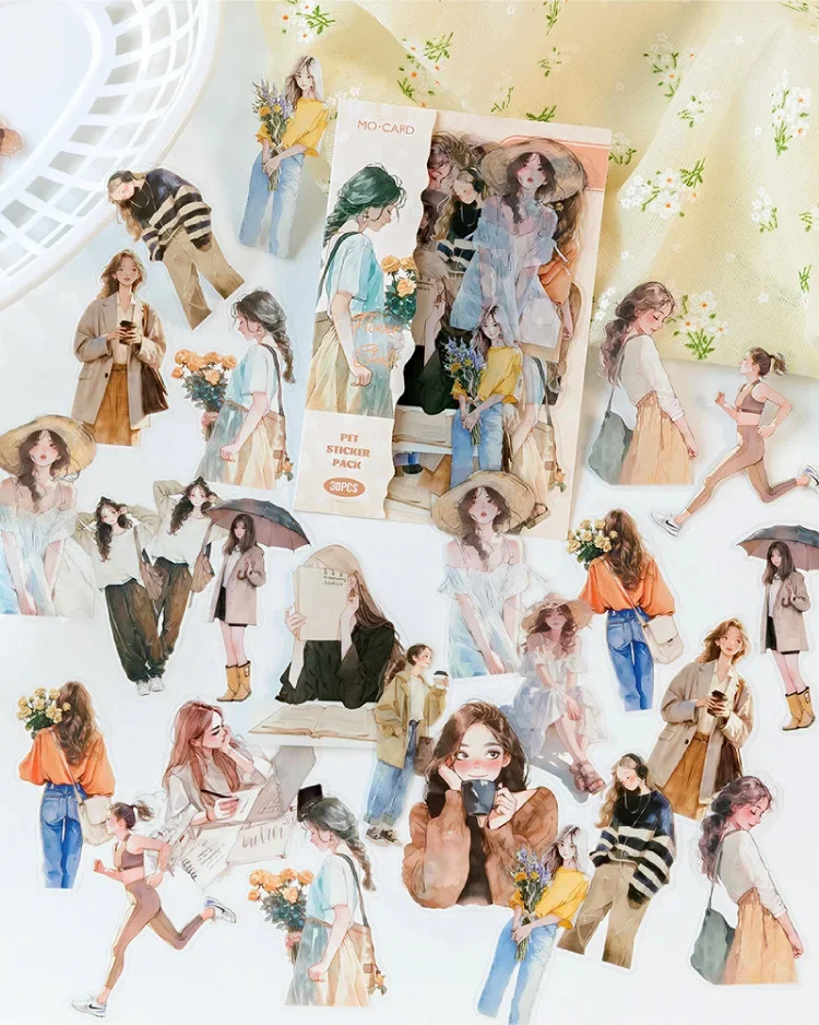 JIANWU Happy Live Series Literary Girl Character Material Collage PET Sticker Creative DIY Journal Scrapbooking Stationery
