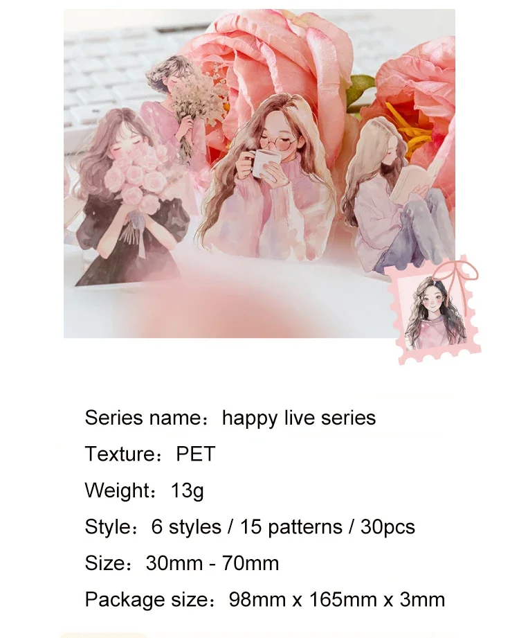 JIANWU Happy Live Series Literary Girl Character Material Collage PET Sticker Creative DIY Journal Scrapbooking Stationery
