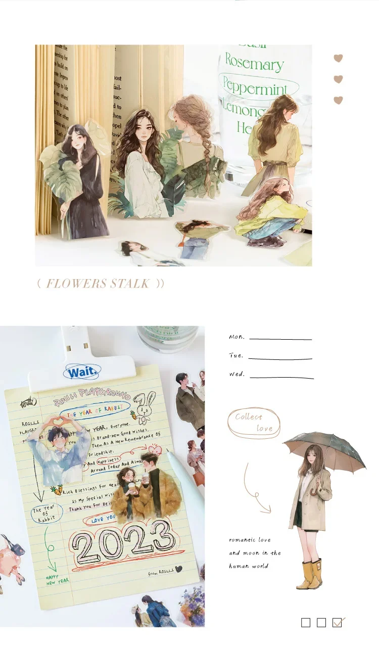 JIANWU Happy Live Series Literary Girl Character Material Collage PET Sticker Creative DIY Journal Scrapbooking Stationery