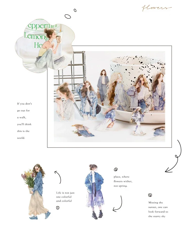 JIANWU Happy Live Series Literary Girl Character Material Collage PET Sticker Creative DIY Journal Scrapbooking Stationery