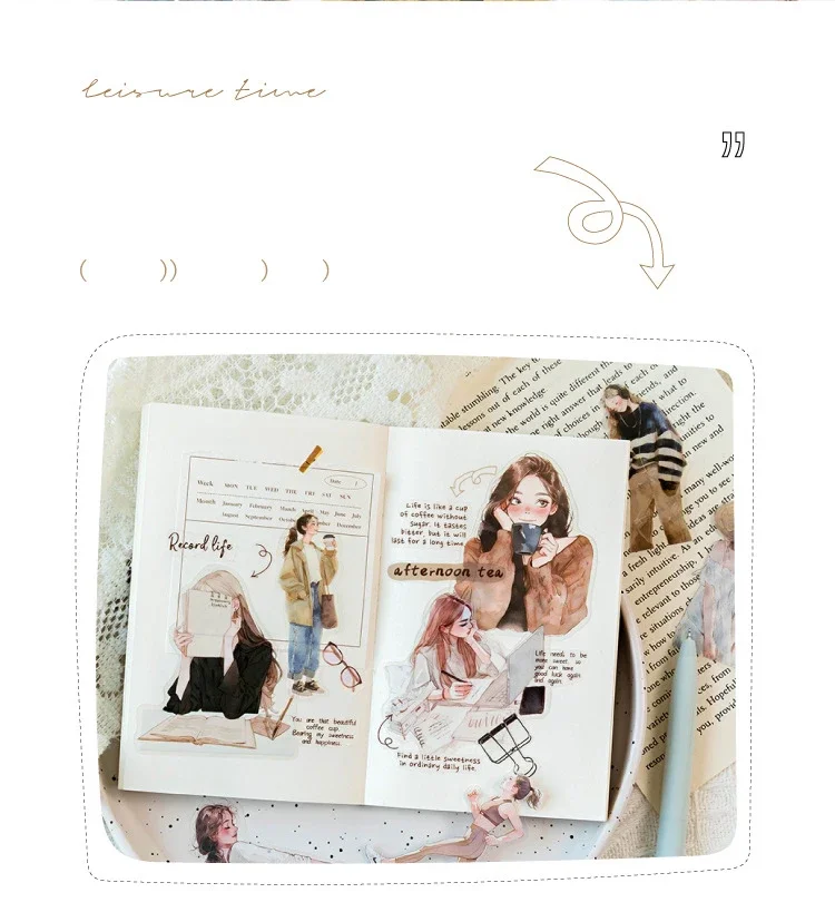 JIANWU Happy Live Series Literary Girl Character Material Collage PET Sticker Creative DIY Journal Scrapbooking Stationery