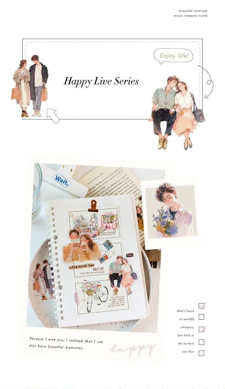 JIANWU Happy Live Series Literary Girl Character Material Collage PET Sticker Creative DIY Journal Scrapbooking Stationery