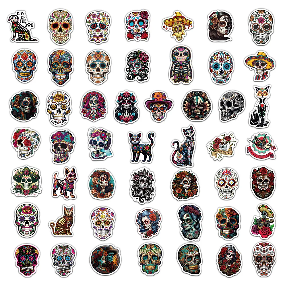 50PCS Day Of The Dead Stickers Exquisite Handbooks Materials Phone Cases Laptop Suitcases Water Cups Waterproof Stickers