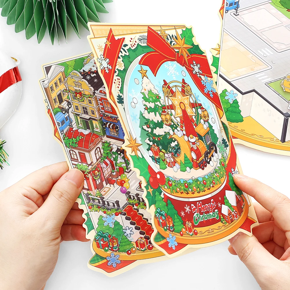 4 Packs Christmas Miniature Diorama Stickers, Xmas Village Scene Decals for Journal Scrapbooking, Holiday Theme Decorations