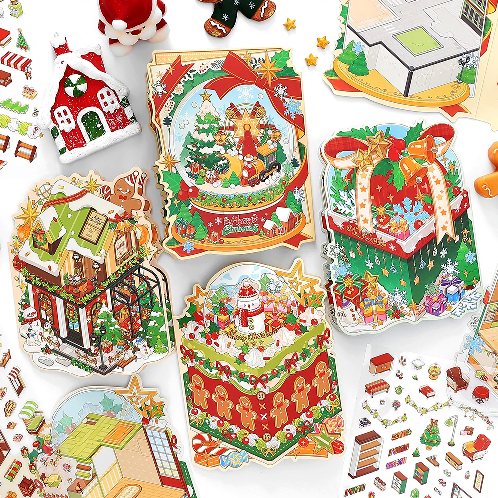 4 Packs Christmas Miniature Diorama Stickers, Xmas Village Scene Decals for Journal Scrapbooking, Holiday Theme Decorations