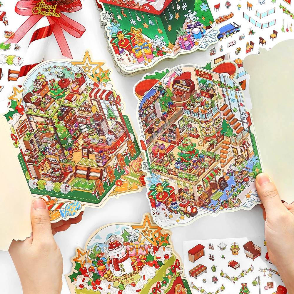 4 Packs Christmas Miniature Diorama Stickers, Xmas Village Scene Decals for Journal Scrapbooking, Holiday Theme Decorations