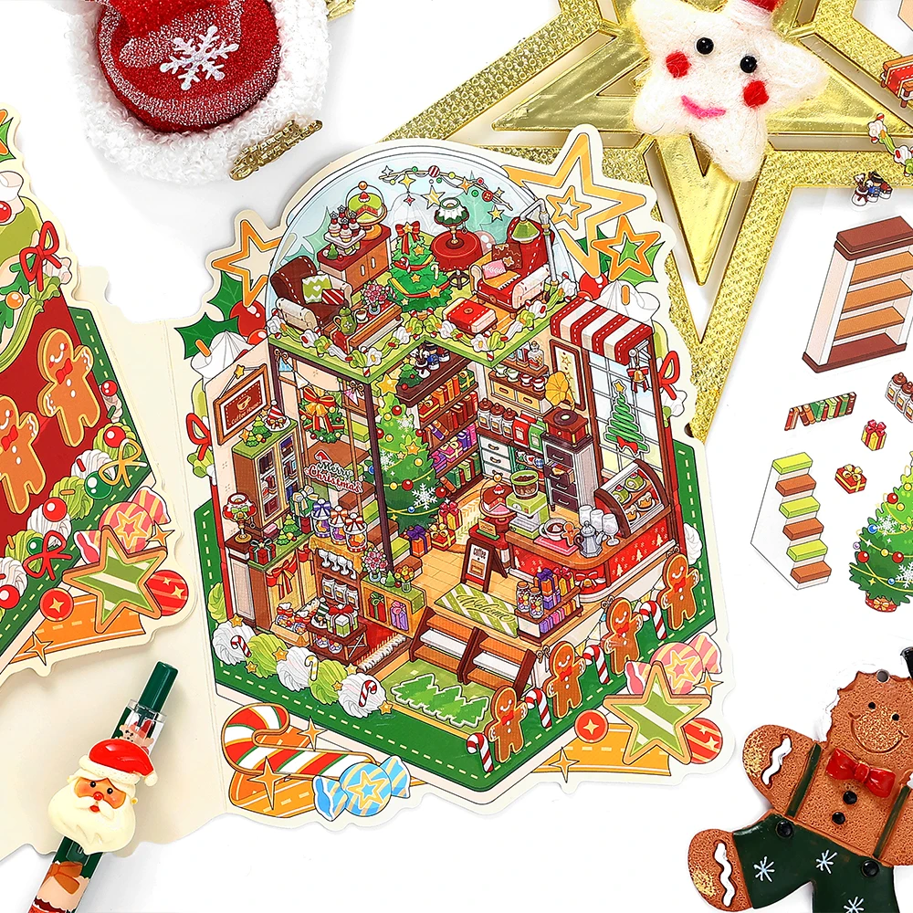 4 Packs Christmas Miniature Diorama Stickers, Xmas Village Scene Decals for Journal Scrapbooking, Holiday Theme Decorations