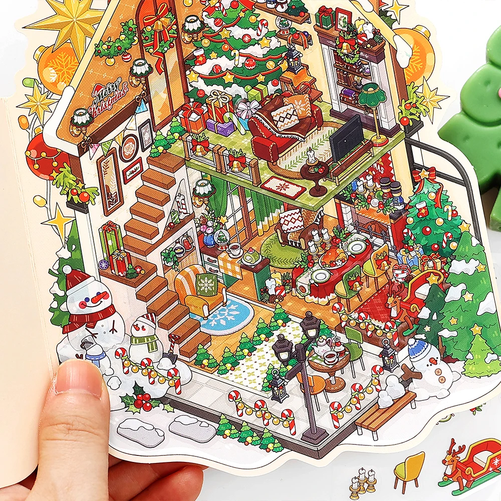 4 Packs Christmas Miniature Diorama Stickers, Xmas Village Scene Decals for Journal Scrapbooking, Holiday Theme Decorations