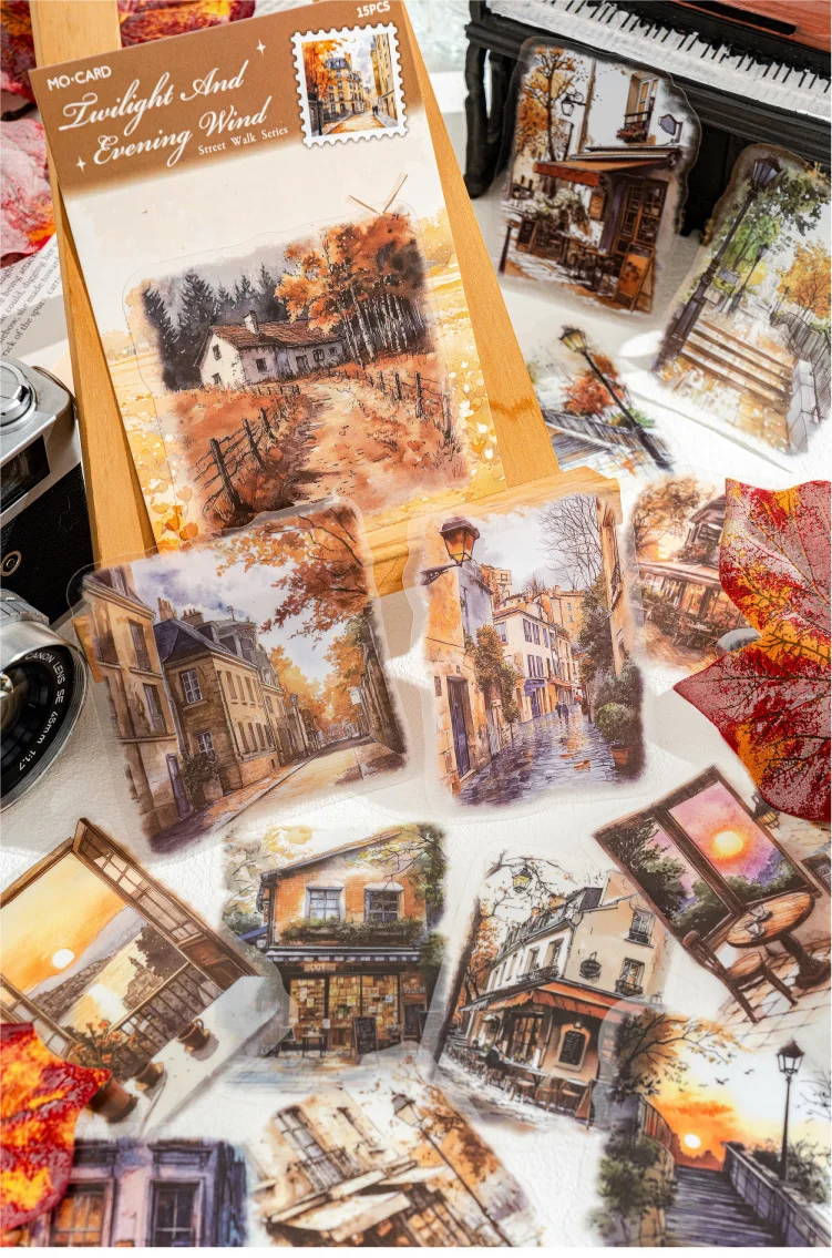 15pcs/1lot Kawaii Scrapbook Stickers Street Walk Junk Journal Gold Planner Stationery Sticker Planner Decorative