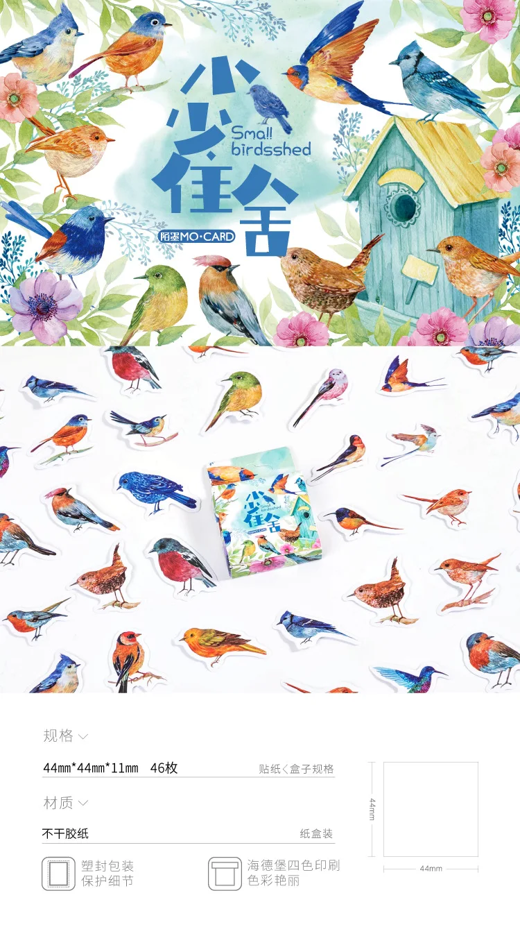 46 Pcs Watercolor Sparrow Precut Stickers Cute Aesthetic Stationery for Journal Travel Paper Scrapbooking Diary Decor