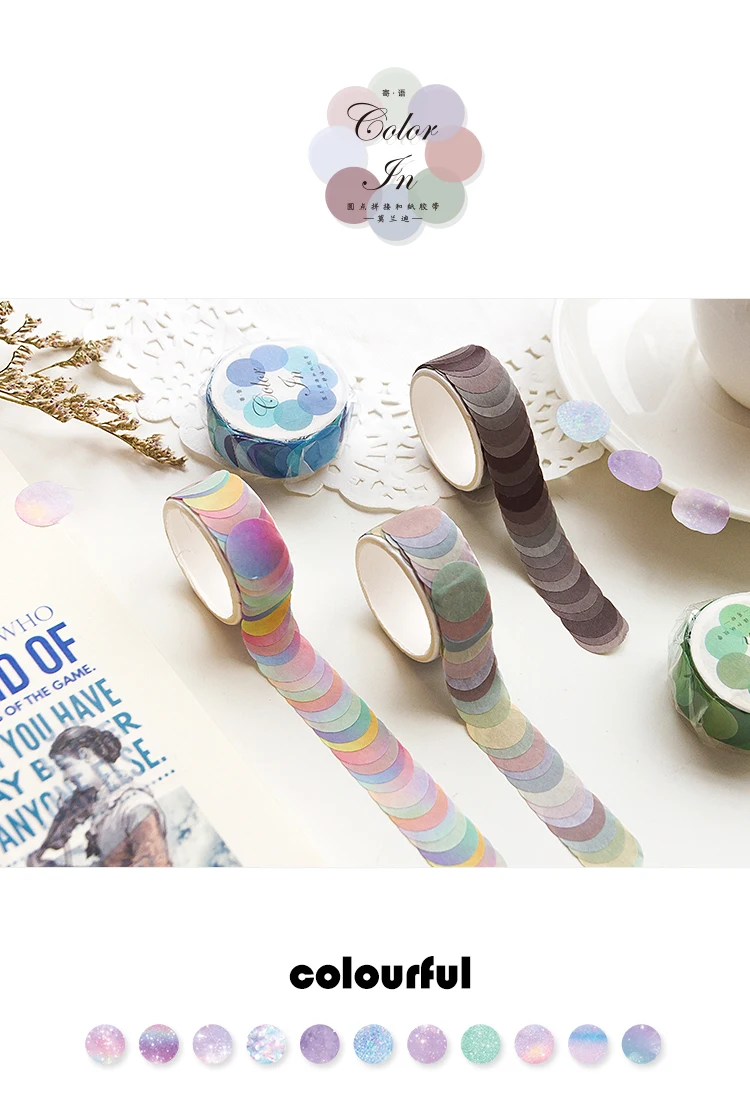 100pcs/roll Colorful Polka Washi Paper Collage Round Stickers Tape Dot Decoration Hand Account Stickers