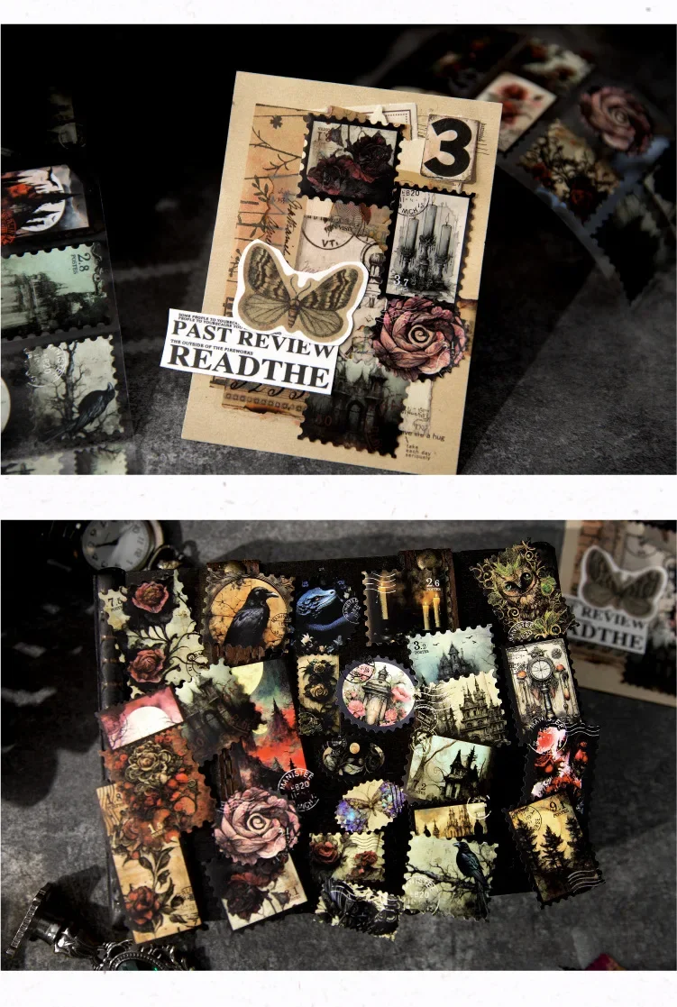 Mysterious Letters Raven Castle Gothic Stamp Vintage Paper Sticker Roll Scrapbooking Jurnaling Diary Decorative Collages