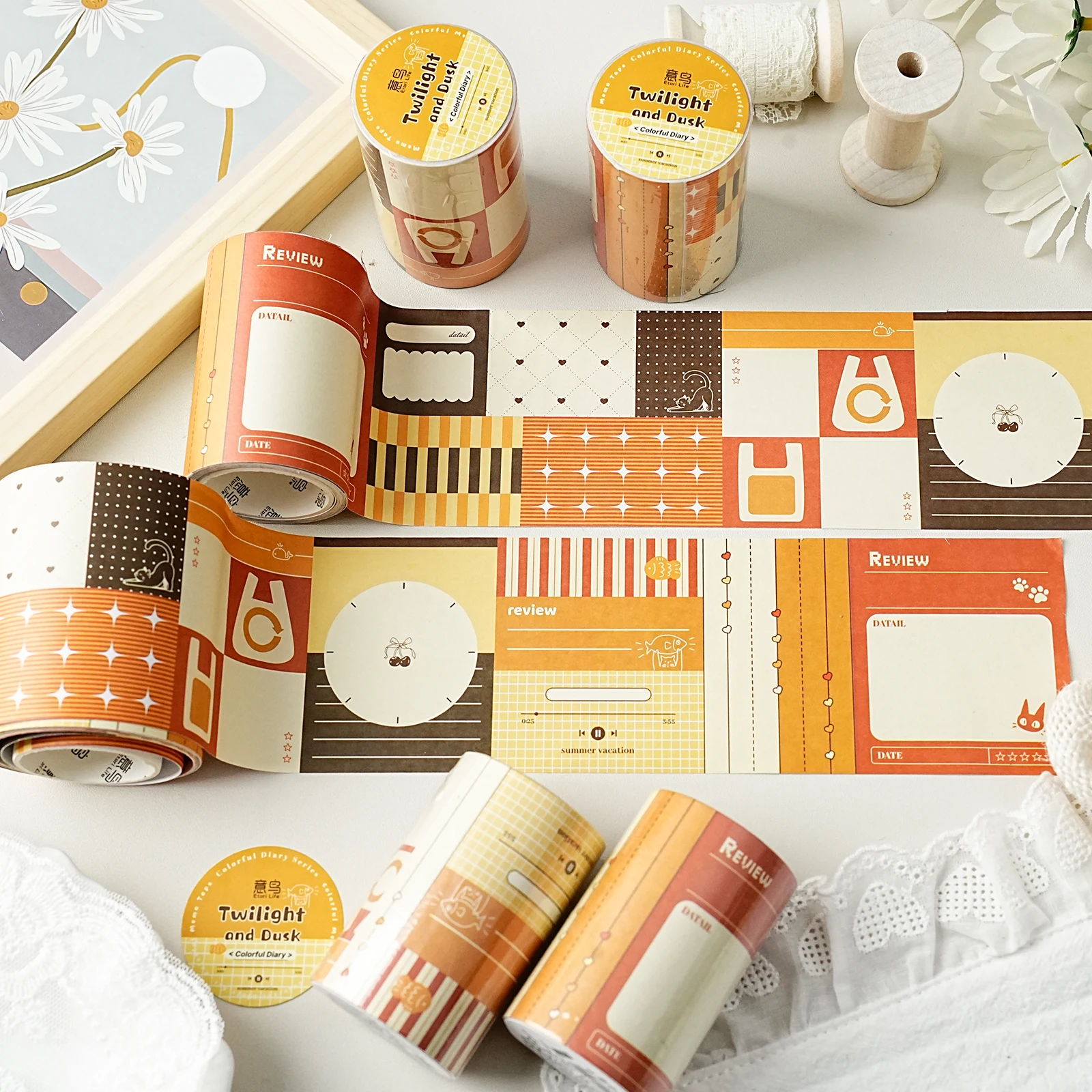 Etori Life Colorful Diary Series Colorful Journal Tape Fresh Retro Animal Plaid Collage Decorative Stickers for Laptops, Phone Stickers, Luggage, DIY Diaries, Student Gift Bags, Gift Box Packaging, Card Making, Baking Sealing, Children's Stationery Stickers, Gifts for Friends, School Supplies