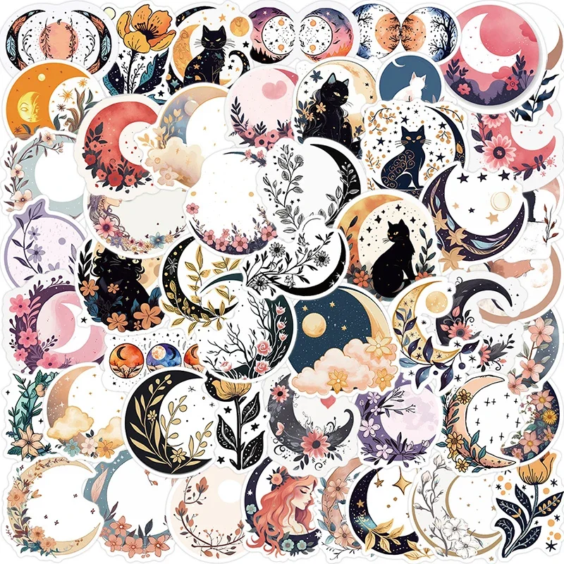 10/30/50PCS Moon Flower Cat PVC Sticker Aesthetic Decoration Scrapbooking Accessories DIY Stationery School Supplies