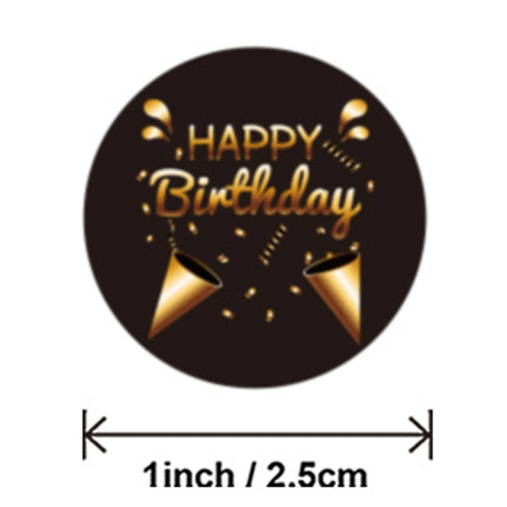 100-500pcs Black Golden Happy Birthday Stickers Birthday Round Sticker for Birthday Gift Bag Card Envelopes Stationery